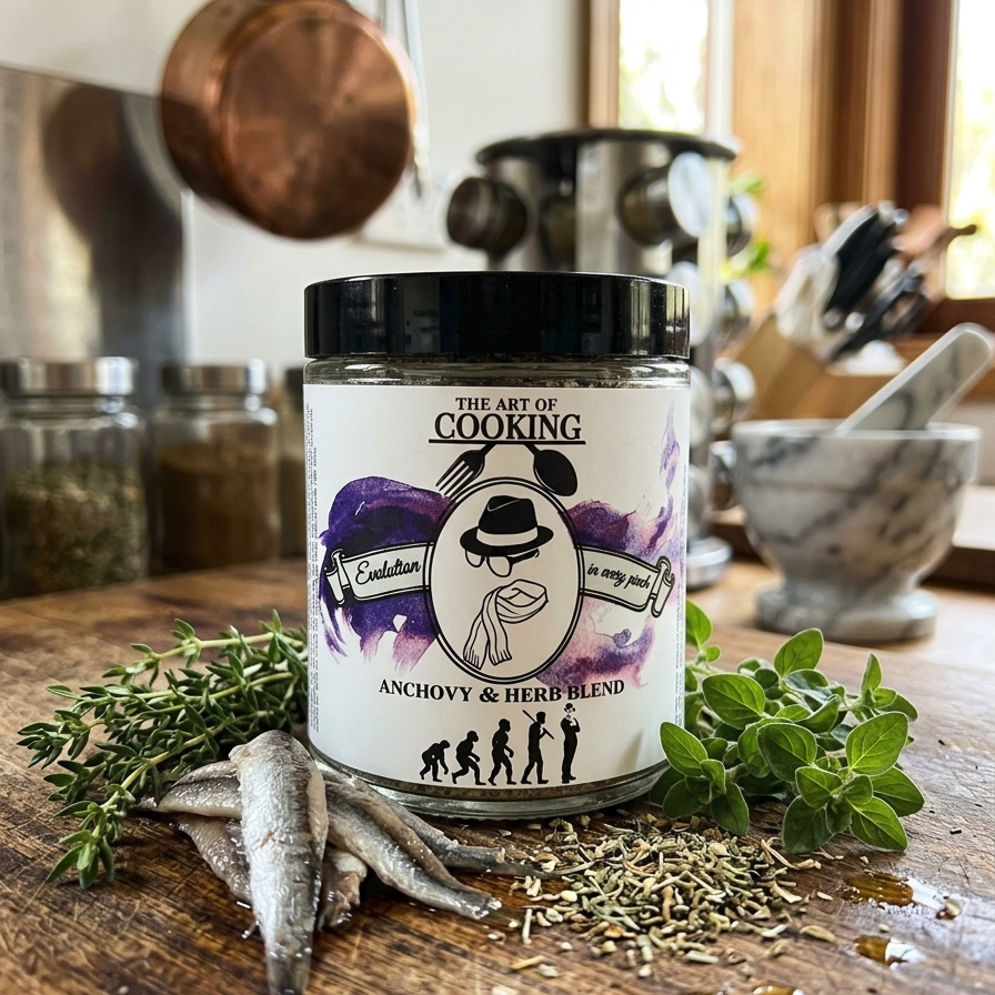 Jar of anchovy and herb blend from Funky Fishmonger and ForkTap.com